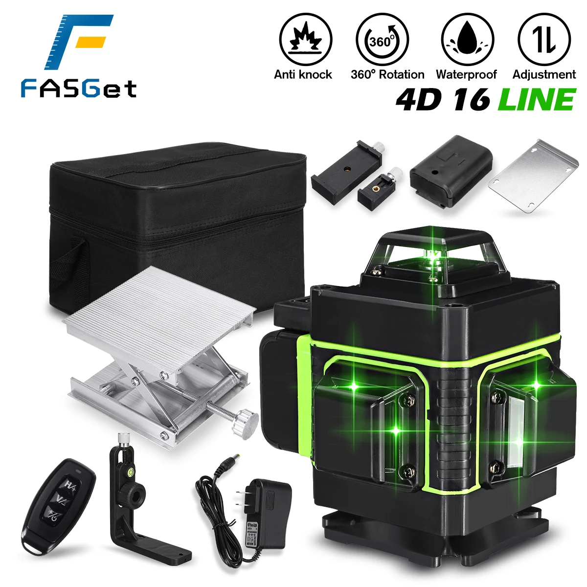 Fasget 16 Line Ajustable 4D Green Light Laser Level 360 Degree Remote Control Cross Line Self Leveling Laser Measuring Tool
Fasget 16 Line Ajustable 4D Green Light Laser Level 360 Degree Remote Control Cross Line Self Leveling Laser Measuring Tool