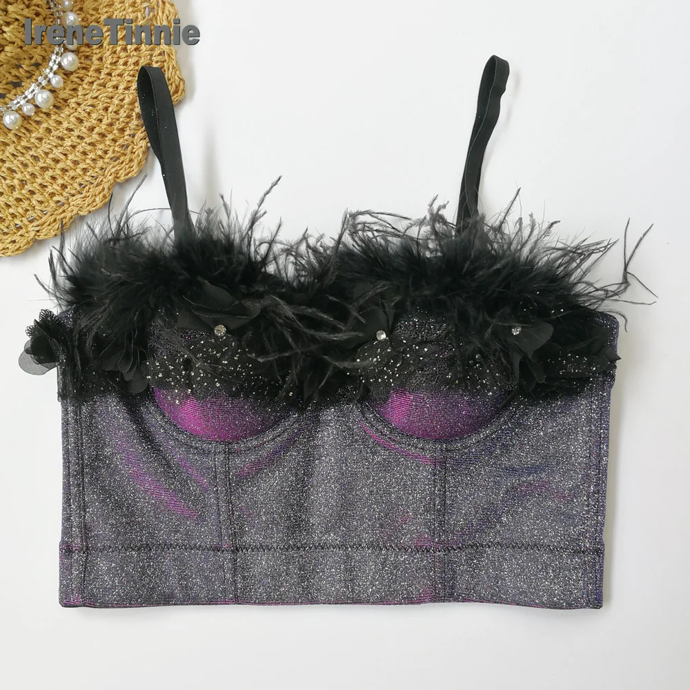 Irene Tinnie Women Sexy Feather Rhinestone Camisole Top Fashion Charming Crop Top Bustier Bra Night Club Party Tank Tops 
Irene Tinnie Women Sexy Feather Rhinestone Camisole Top Fashion Charming Crop Top Bustier Bra Night Club Party Tank Tops