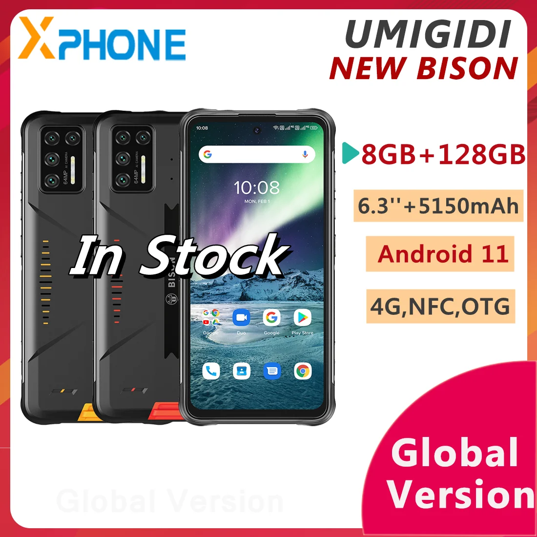 Смартфон UMIDIGI BISON защищенный 8 + 128 ГБ 6 3 дюйма Android 11 5000 мА · ч поддержка 4G OTG NFC Google |