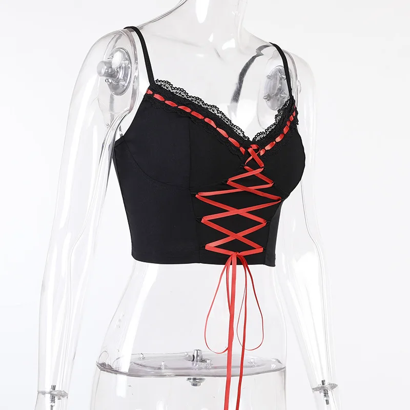 Summer Sling Camisoles Women Red Ribbon Cross Lace-Up Cropped Tops Lace Stitching Camis Skinny Tank Top Female Top Vest Black
Summer Sling Camisoles Women Red Ribbon Cross Lace-Up Cropped Tops Lace Stitching Camis Skinny Tank Top Female Top Vest Black