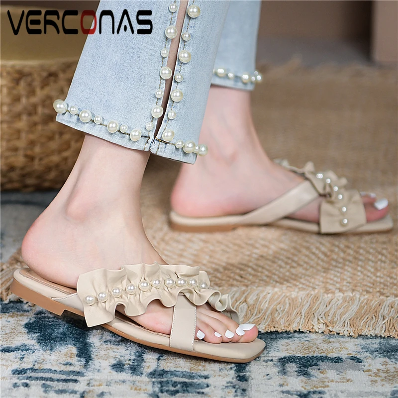 VERCONAS Summer Women Sandals Sweet Pearl Ruffles Slippers Genuine Leather Flats Comfortable Casual Shoes Woman 2021 New Arrival
VERCONAS Summer Women Sandals Sweet Pearl Ruffles Slippers Genuine Leather Flats Comfortable Casual Shoes Woman 2021 New Arrival