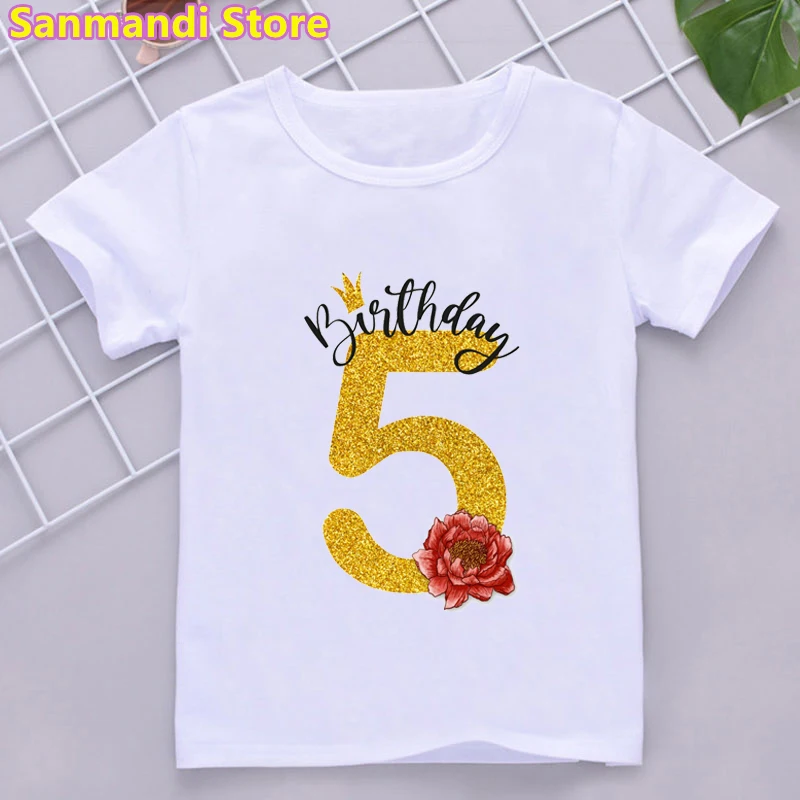 Children'S Clothing Golden Glitter With Red Peony Rose Birthday Girl 5 Years Print Tshirt Girls/Boys Kawaii Kids Clothes Girls
Children'S Clothing Golden Glitter With Red Peony Rose Birthday Girl 5 Years Print Tshirt Girls/Boys Kawaii Kids Clothes Girls