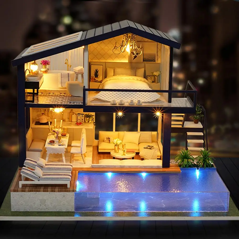 Кукольный дом "сделай сам" с мебелью Забавный светильник интеллектуальное
