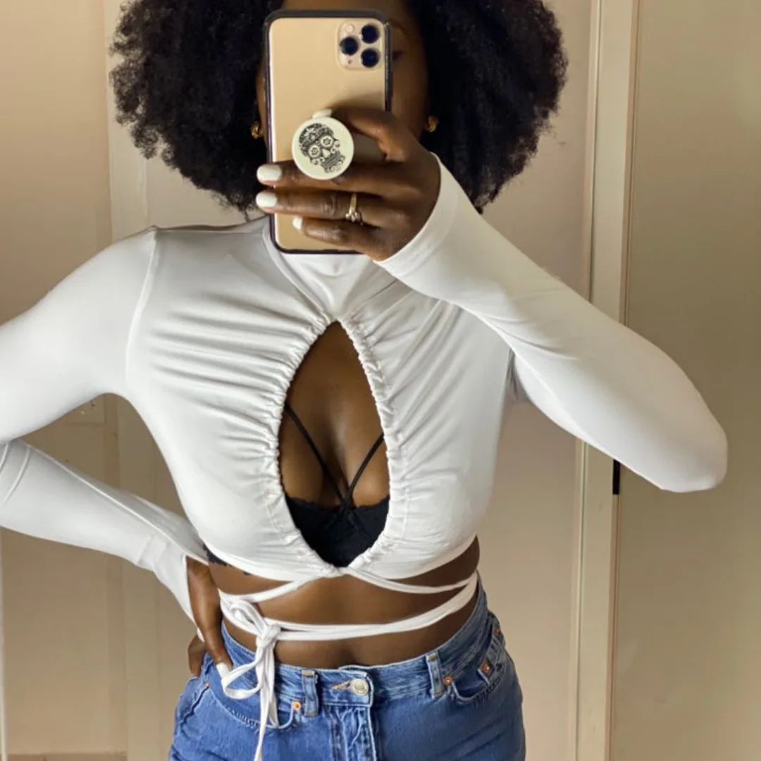 Sexy High-neck Hollow Wrapped Chest Drawstring Long-sleeved Knitted T-shirt Women
Sexy High-neck Hollow Wrapped Chest Drawstring Long-sleeved Knitted T-shirt Women
