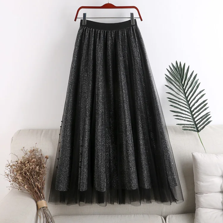 2021Women Early Spring New Elegant Flash Bright Silk Beaded Pearl Mesh Pleated Skirt High Waist A Word Gauze Big Swing Skirt 
2021Women Early Spring New Elegant Flash Bright Silk Beaded Pearl Mesh Pleated Skirt High Waist A Word Gauze Big Swing Skirt