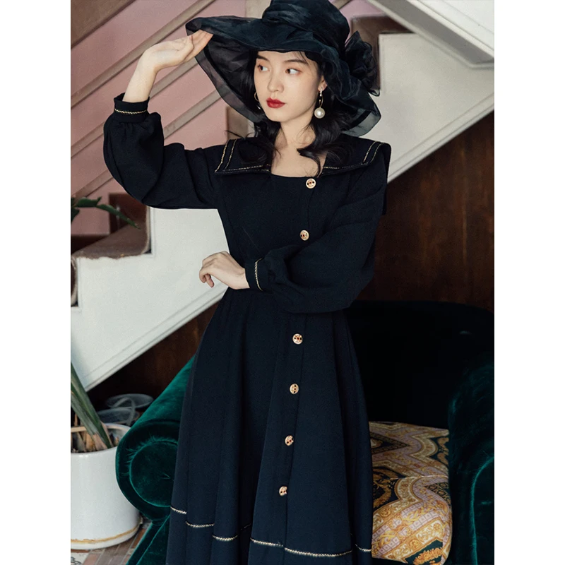 Autumn Women Dress Vintage Black dress Long sleeve Sailor collar Elegant French style Retro female bing 2020 HOT
Autumn Women Dress Vintage Black dress Long sleeve Sailor collar Elegant French style Retro female bing 2020 HOT