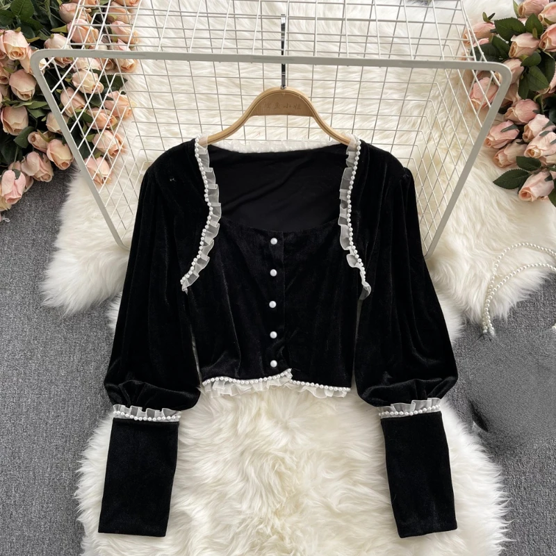 

Spring Fall Women Lace Patchwork Pearls Beading Elegant Black Velvet Top Shirt , Woman Slim Sweet Velour Tops Blouse Shirts