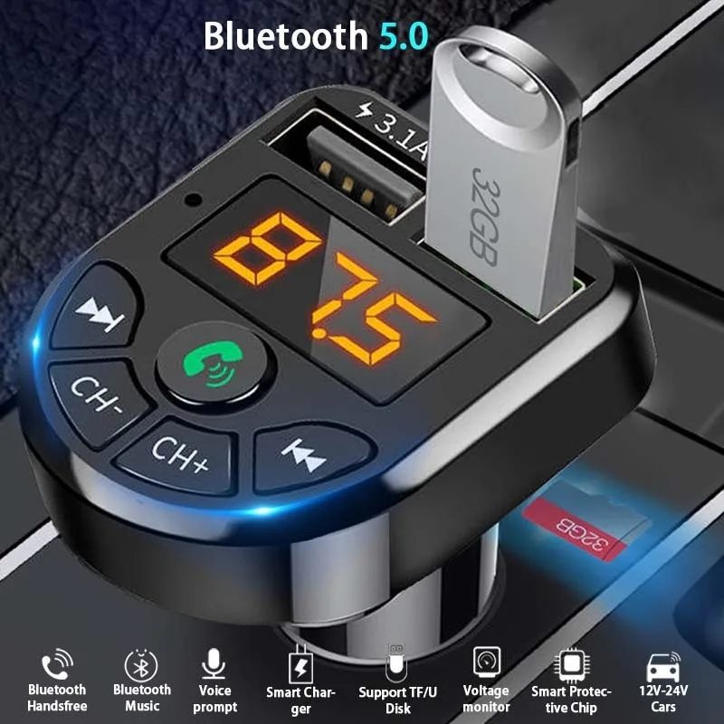 Bluetooth Version 5.0 FM Transmitter Car Player Kit Card Car Charger Quick With Dual USB 3.1A Charger DC 12/24V
Bluetooth Version 5.0 FM Transmitter Car Player Kit Card Car Charger Quick With Dual USB 3.1A Charger DC 12/24V