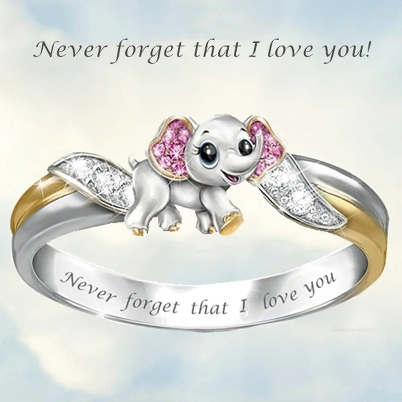 "Never Forget I Love You" Silver Cute Pink Elephant Crystal Zircon Engagement Ring Accessories Lover's Gift Anniversary Jewelry |