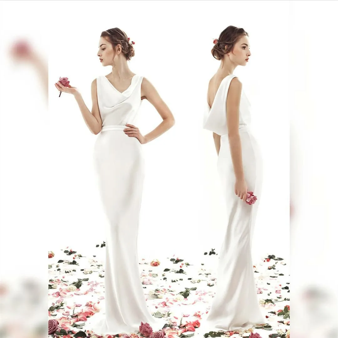 Женское атласное платье с юбкой годе, винтажное длинное платье с воротником-хомутом, открытой спиной, цвета слоновой кости, для свадьбы 
Женское атласное платье с юбкой годе, винтажное длинное платье с воротником-хомутом, открытой спиной, цвета слоновой кости, для свадьбы