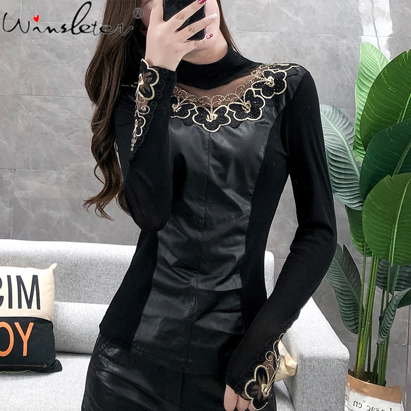 Женская футболка из ПУ кожи, с длинным рукавом и цветочным принтом
Женская футболка из ПУ кожи, с длинным рукавом и цветочным принтом