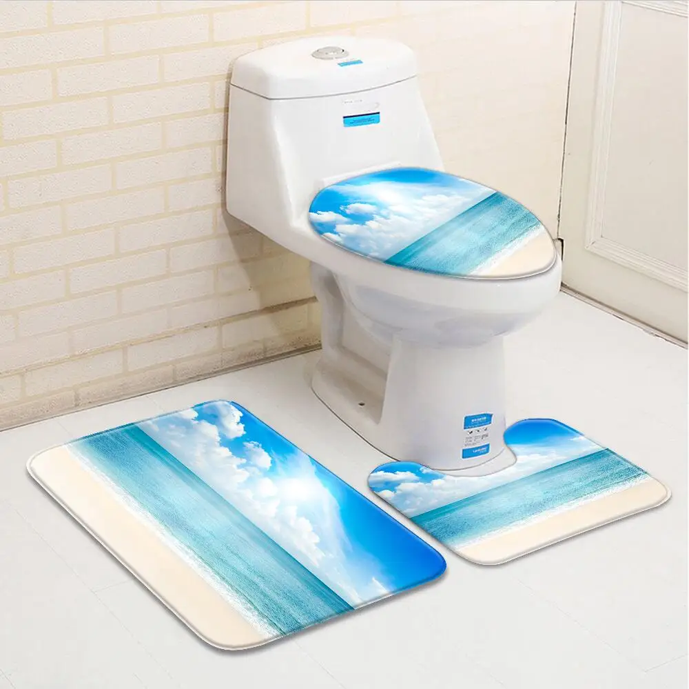 

3pcs/Set Ocean Scenery Bathroom Mat Sets Seaside Sea Beach Scenery Coconut Tree Bath Decor Bathtub Toilet Carpet Non-Slip Rug
