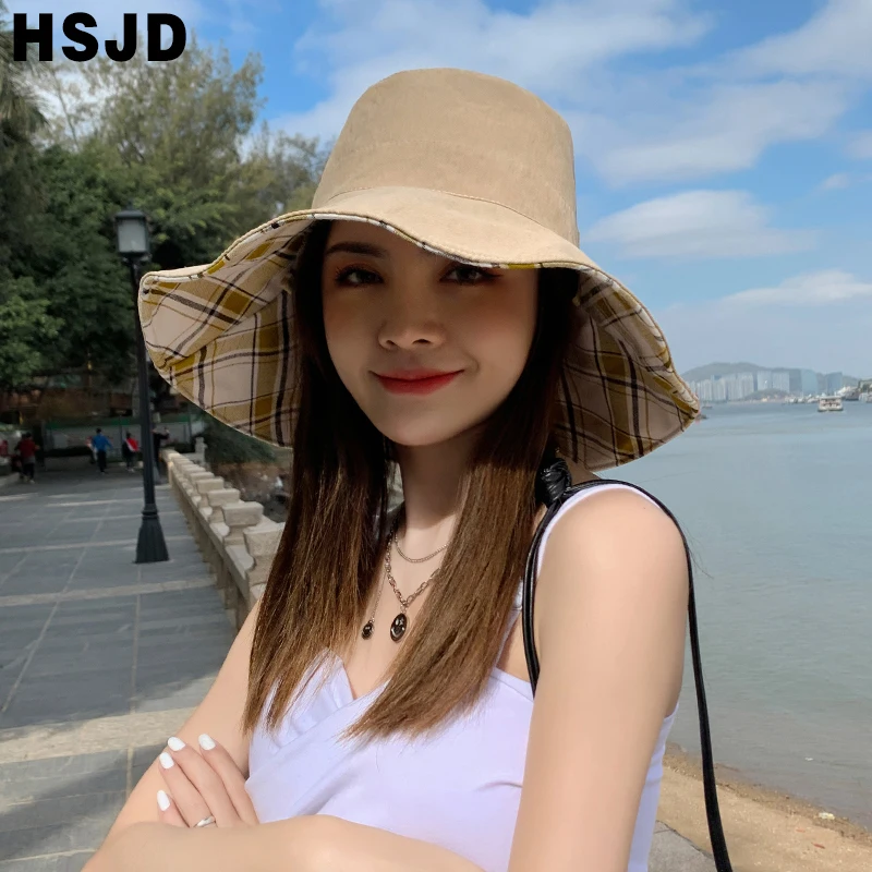 New Double Sided Plaid Wide Brim Bucket Hats Summer Women's Sun Hat Holiday Casual Anti-UV Beach Cap Panama Female Floppy Caps
New Double Sided Plaid Wide Brim Bucket Hats Summer Women's Sun Hat Holiday Casual Anti-UV Beach Cap Panama Female Floppy Caps