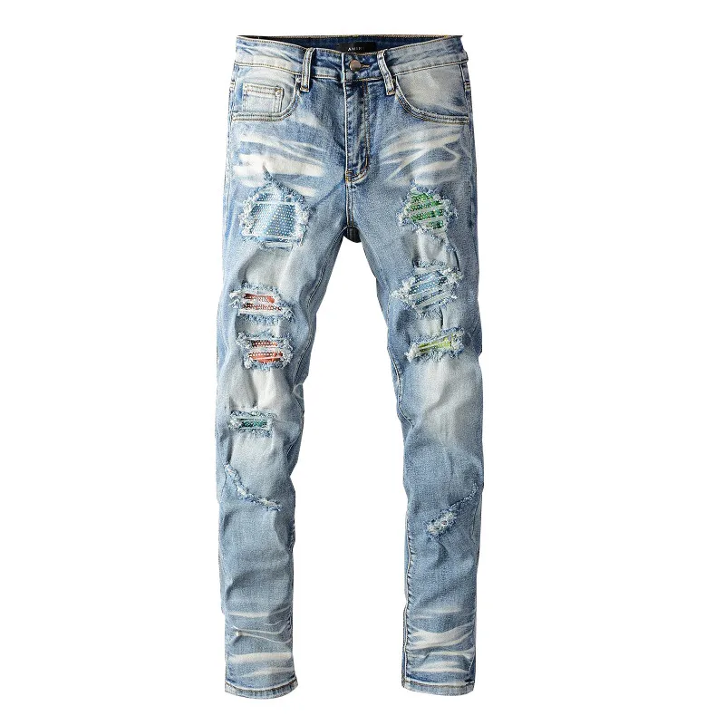 

Брюки мужские потертые из денима MORUANCLE, модные рваные джинсовые штаны с дырками, брендовые дизайнерские, небесно-голубые