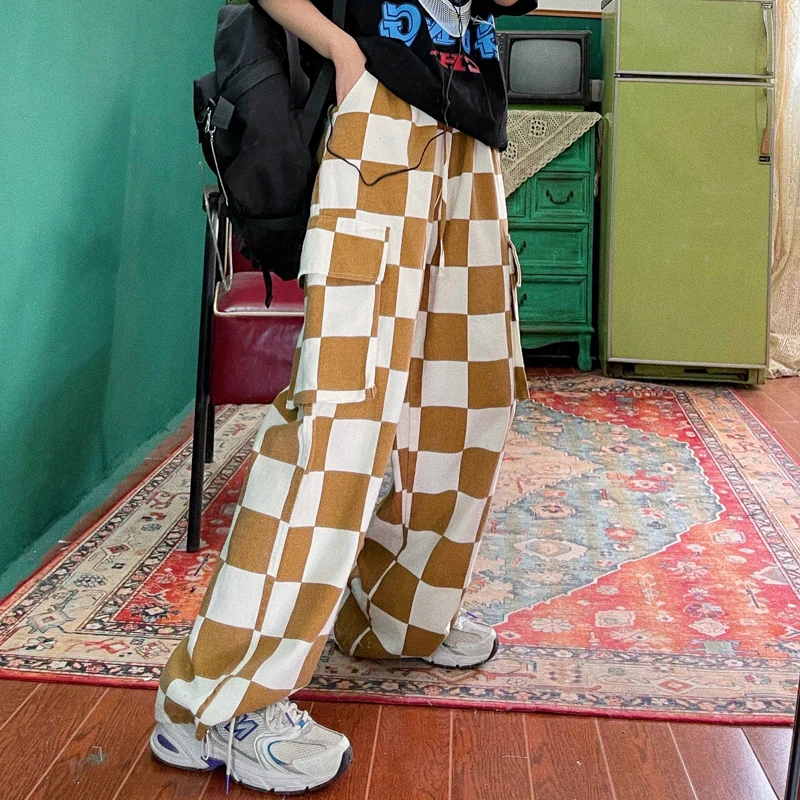 Брюки-карго в клетку женские Свободные мешковатые штаны стиле хиппи Харадзюку