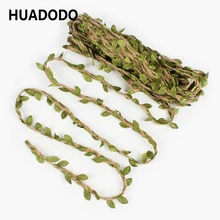 HUADODO 10meters Natural Jute Twine with Artificial Leaves Burlap Vines Leaf Ribbon For Home Wedding Jungle Party Decoration