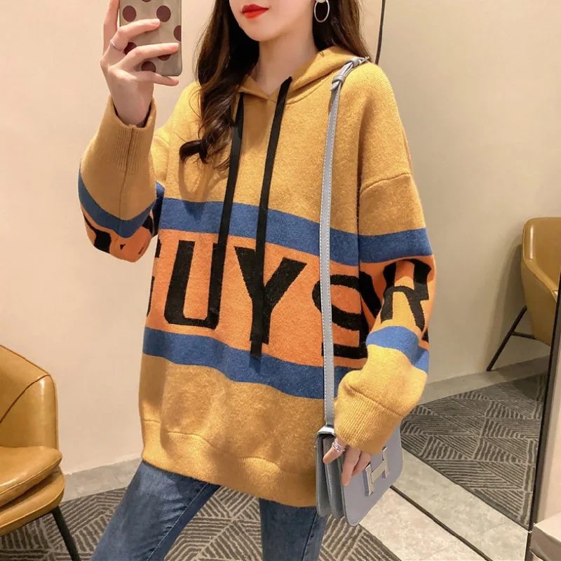 Fashion Women Loose Drop Shoulder Knitted Pullover Hooded Sweater With Letter Printing for Autumn Winter
Fashion Women Loose Drop Shoulder Knitted Pullover Hooded Sweater With Letter Printing for Autumn Winter