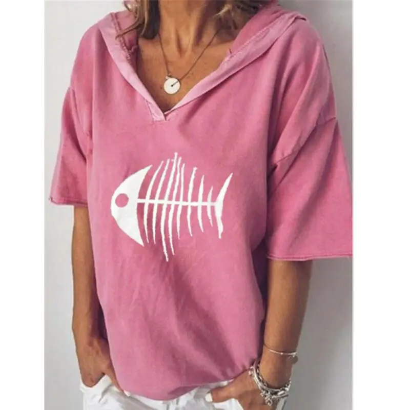 Fish Bone Women Short Sleeve Loose Blouse Summer Autumn Ladies Casual Hooded Shirts Female Tops Streetwear
Fish Bone Women Short Sleeve Loose Blouse Summer Autumn Ladies Casual Hooded Shirts Female Tops Streetwear