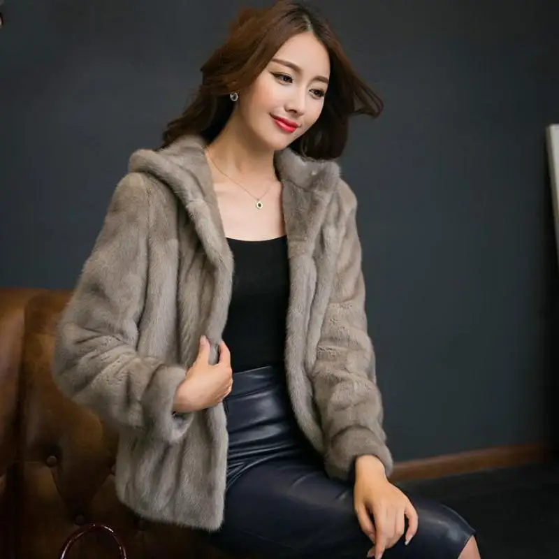 2019 New Autumn winter Faux Fur Coat Fashion Slim Hooded High Waist Black Jacket Fake Rabbit | Женская одежда