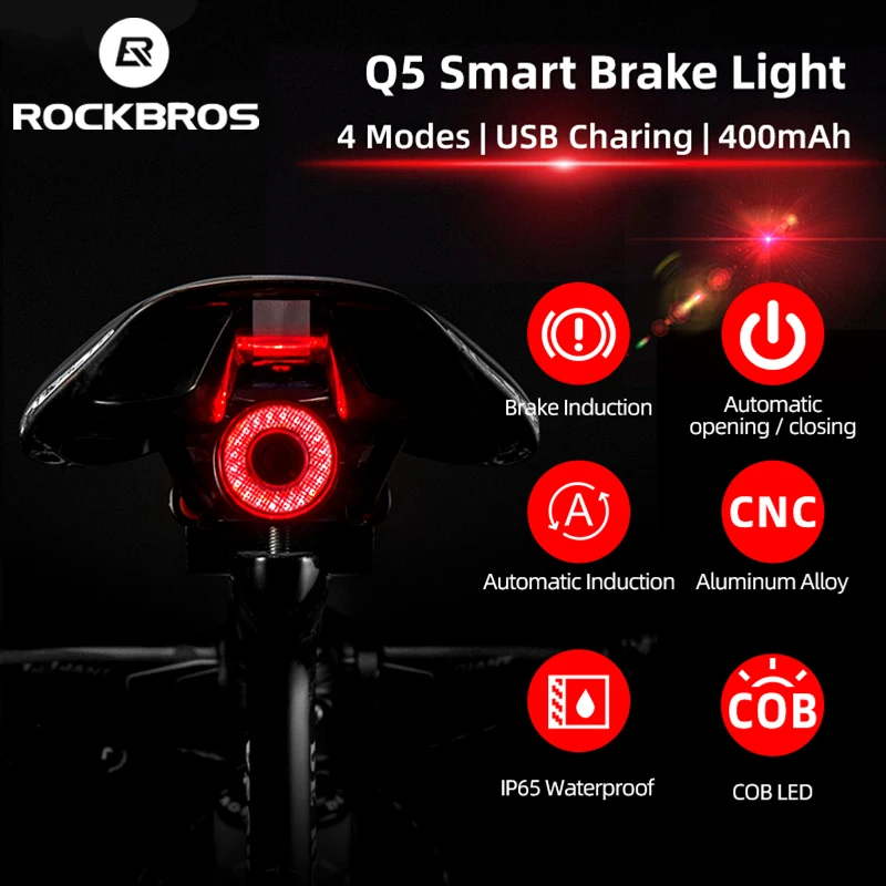 

ROCKBROS Q5 Bike Light Rear Bicycle Smart Auto Brake Sensing Light luz bicicleta LED Cycling Taillight Back MTB Bike Rear Light