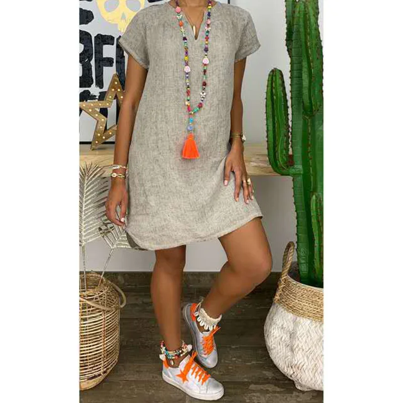 Summer Dress Women Casual Solid Short Sleeve V Neck Cotton Imitated Linen Vestidos Loose Mini Beach Dresses 5XL WL70
Summer Dress Women Casual Solid Short Sleeve V Neck Cotton Imitated Linen Vestidos Loose Mini Beach Dresses 5XL WL70