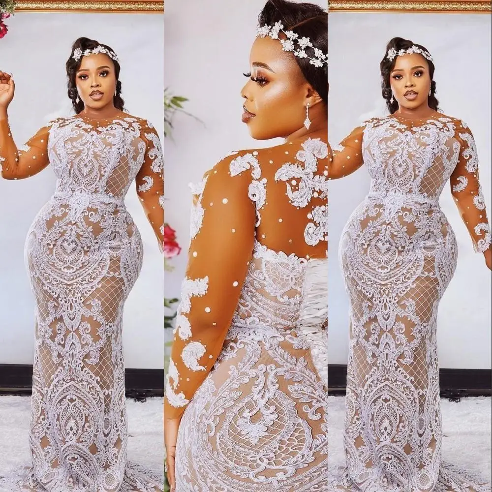 African Aso Ebi Champagne Mermaid Wedding Dresses Bridal Gowns Jewel Neck Long Sleeves White Lace Appliques Beads Corset Back
African Aso Ebi Champagne Mermaid Wedding Dresses Bridal Gowns Jewel Neck Long Sleeves White Lace Appliques Beads Corset Back