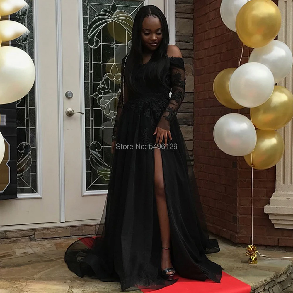 Off the Shoulder Black Lace Appliques Long Sleeves Evening Dresses Robe de soiree V-neck Floor Length Side Slit Evening Gowns
Off the Shoulder Black Lace Appliques Long Sleeves Evening Dresses Robe de soiree V-neck Floor Length Side Slit Evening Gowns