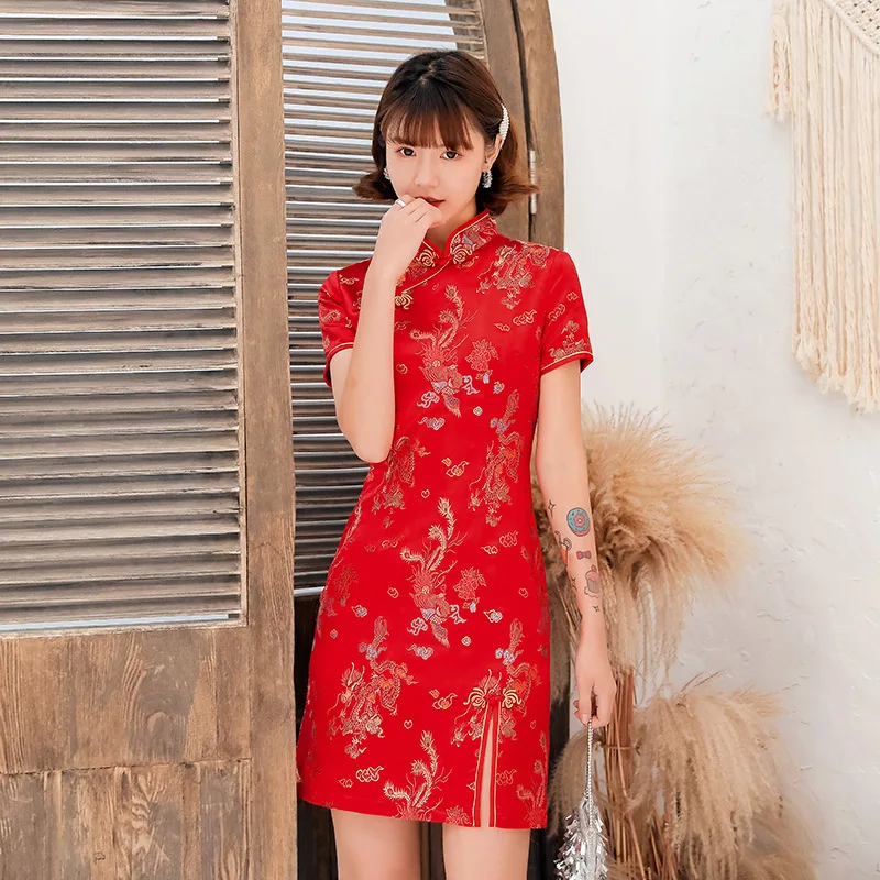 Женское мини-платье Ципао короткое платье в китайском стиле с разрезом Фениксом