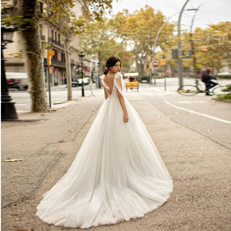 Женское свадебное платье с V-образным вырезом кружевное фатиновое принцессы