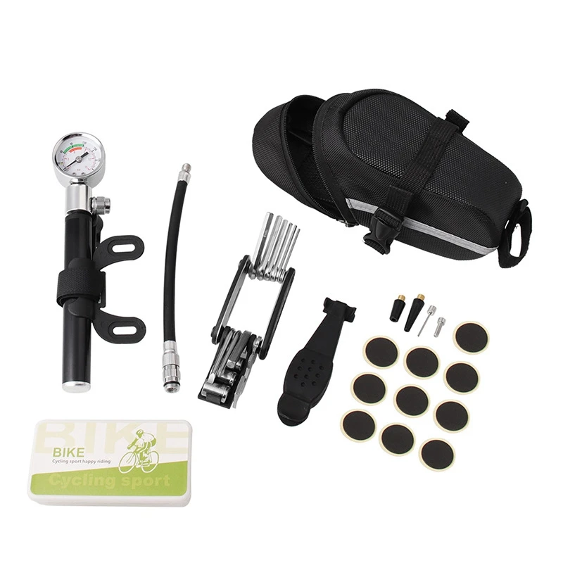 Bike Tire Repair Tool Kit with Mini Gauge Hand Pump Including Patch Tool Tire Puncture Repair Kit and Cycling Seat Pack
Bike Tire Repair Tool Kit with Mini Gauge Hand Pump Including Patch Tool Tire Puncture Repair Kit and Cycling Seat Pack