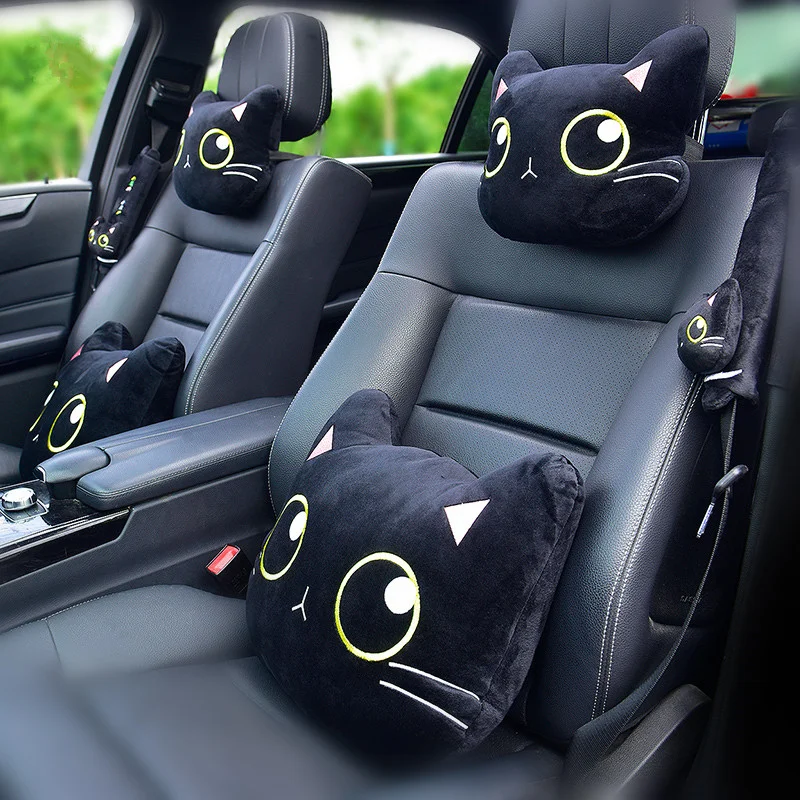 

Cute Cat Car Headrest Neck Pillow Soft Waist Cushion Lumbar Support Seatbelt Shoulder Pads Covers Rearview Mirror Cover for Girl
