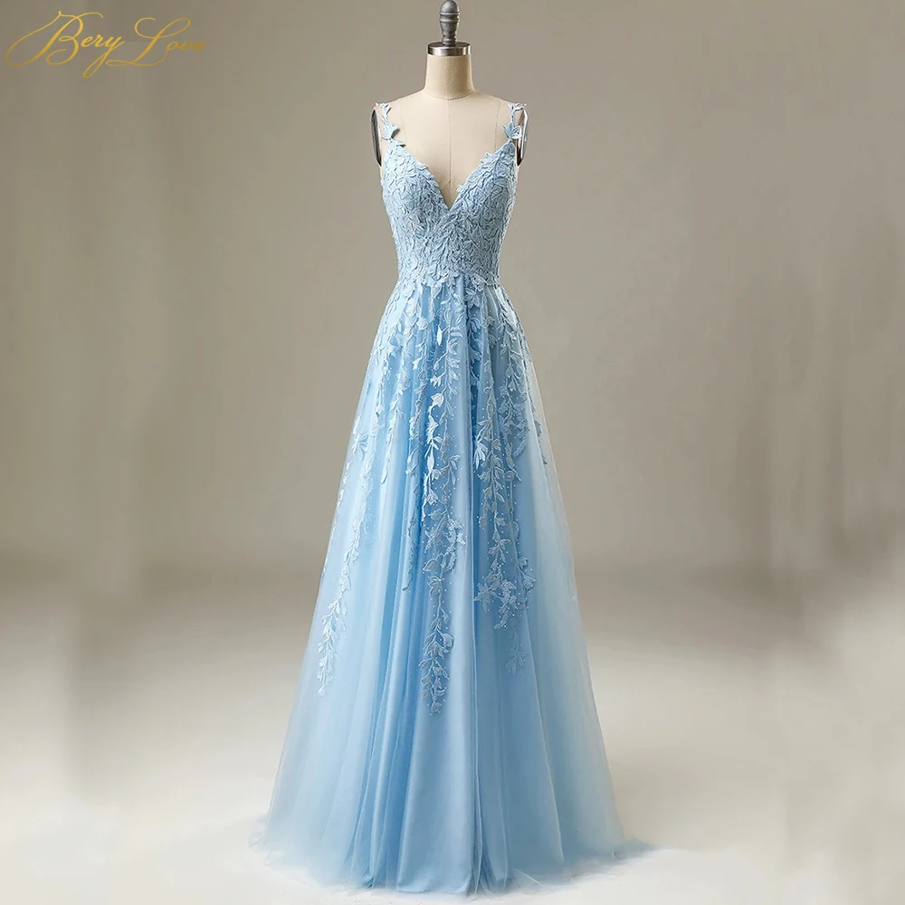 Кружевное вечернее платье из тюля синее привлекательное официальное с V-образным