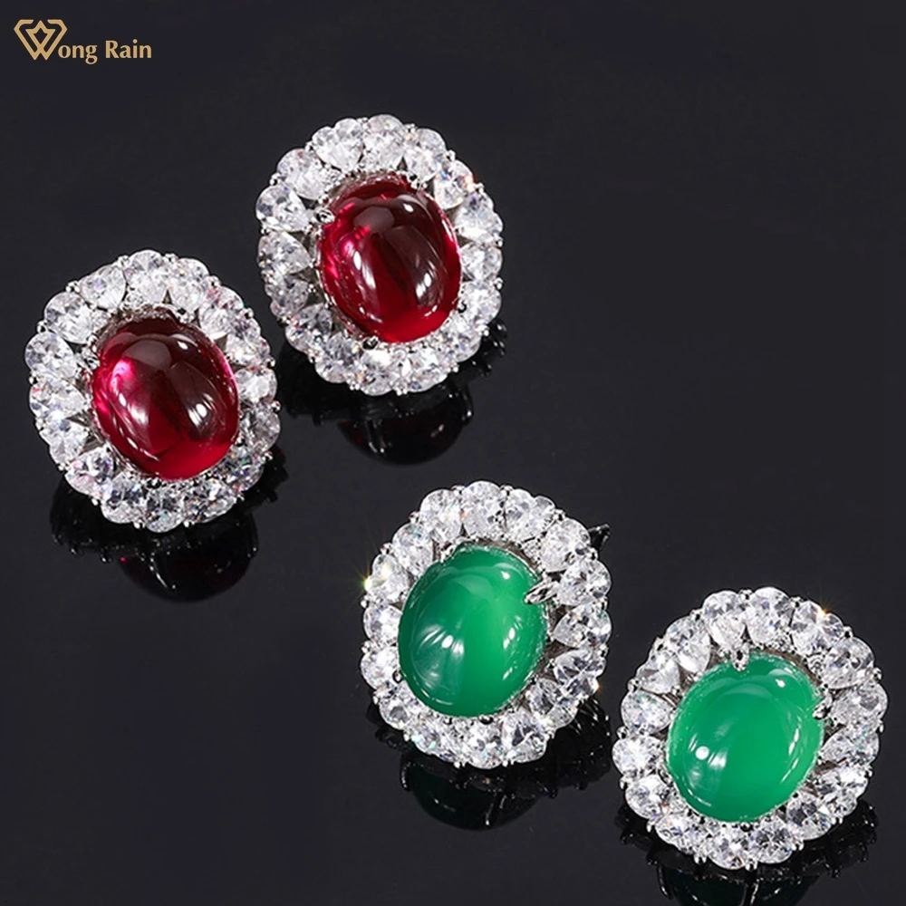 

Wong Rain 925 Sterling Silver Oval Cut 10*12 MM Emerald Jade Created Moissanite Gemstone Vintage Ear Studs Earrings Fine Jewelry