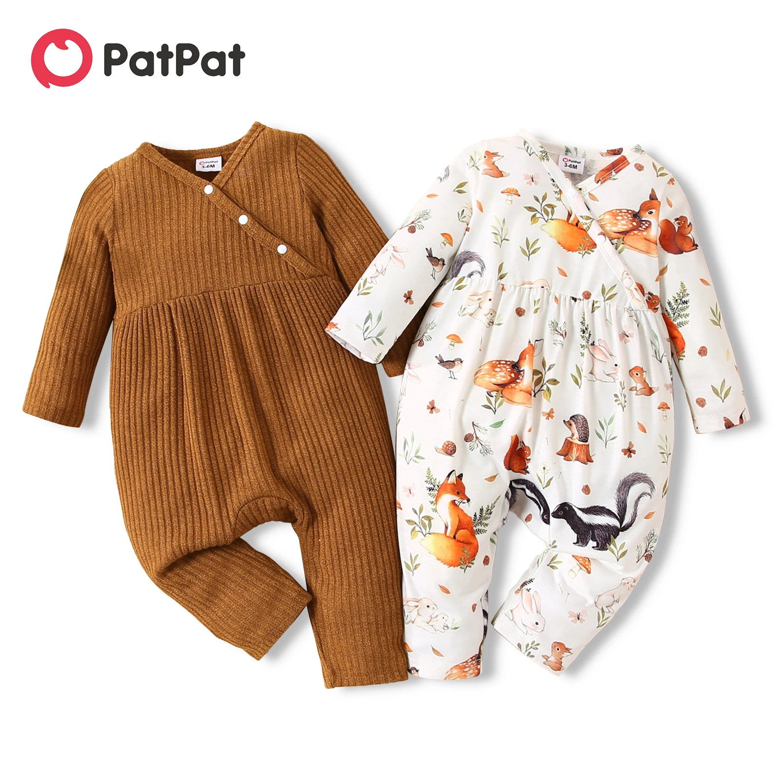 

PatPat Baby Girl Ribbed Brown/White All Over Animal Print V Neck Long-sleeve Jumpsuit