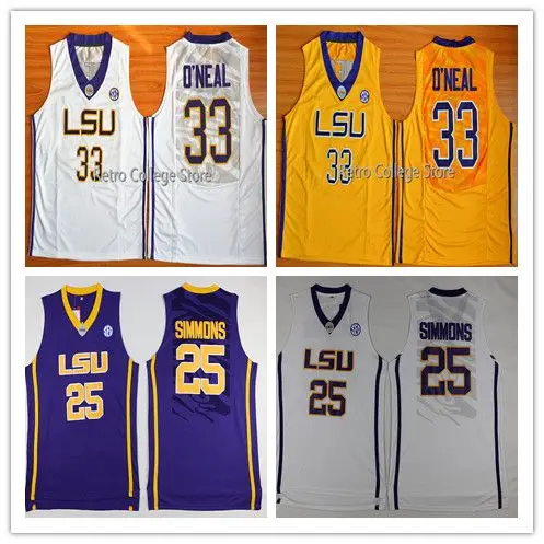 

LSU Tigers College 25 Ben Simmons 33 Shaquille ONeal Shirt throwback retro college jersey White yellow purple Men's Embroidery