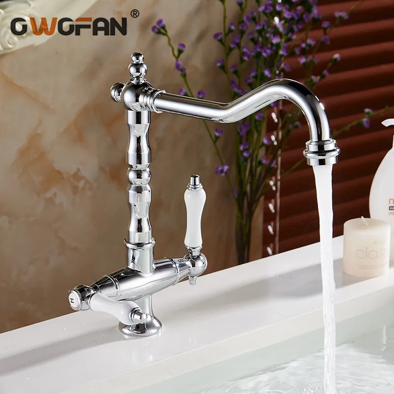 

Kitchen Sink Faucets 360 Degree Swivel Classic White Dual Handle Basin Taps Chrome Retro Single Hole torneira cozinha N22-006