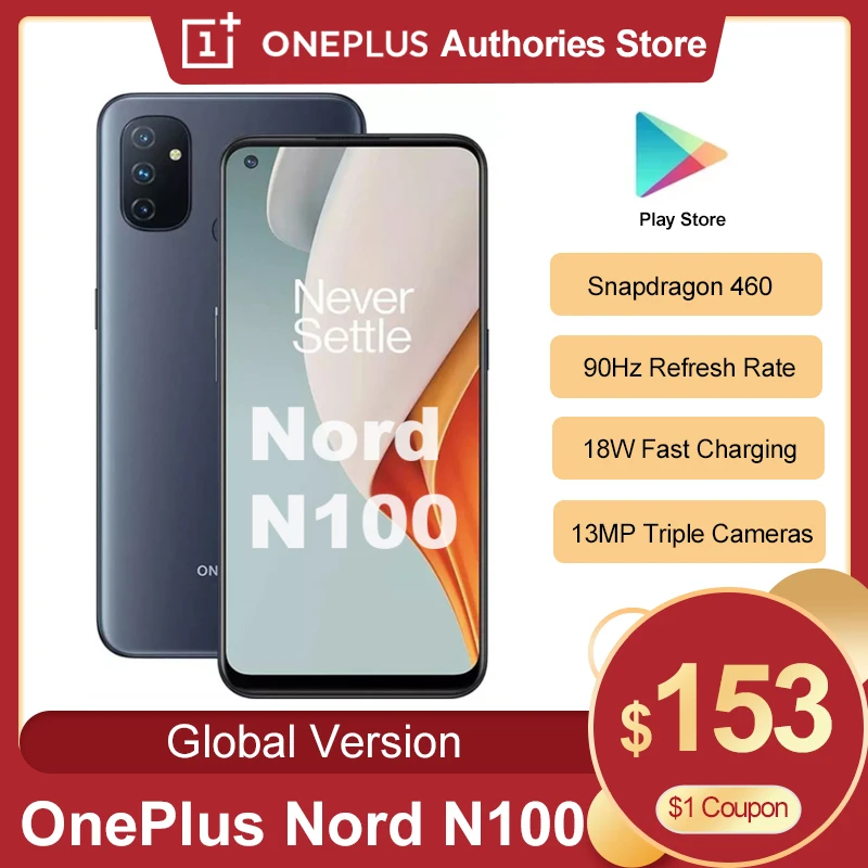 Смартфон глобальная версия Oneplus Nord N100 Snapdragon 460 5000 мАч Android 10 тройная камера 13 МП 90