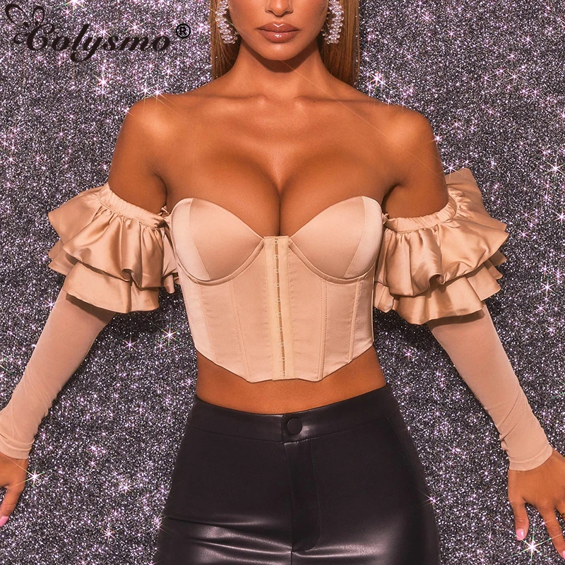 Colysmo Corset Crop Top 2 Layers Elastic Zipper Ruffles Underwire Pads Mesh Long Sleeve Blouse Women Party Sexy off Shoulder Top
Colysmo Corset Crop Top 2 Layers Elastic Zipper Ruffles Underwire Pads Mesh Long Sleeve Blouse Women Party Sexy off Shoulder Top
