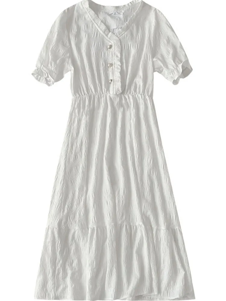 Women Summer White Dresses Fashion Elegant V Neck Short Sleeve Button Design High Waist Elastic Chic Korean Dress for Female
Women Summer White Dresses Fashion Elegant V Neck Short Sleeve Button Design High Waist Elastic Chic Korean Dress for Female