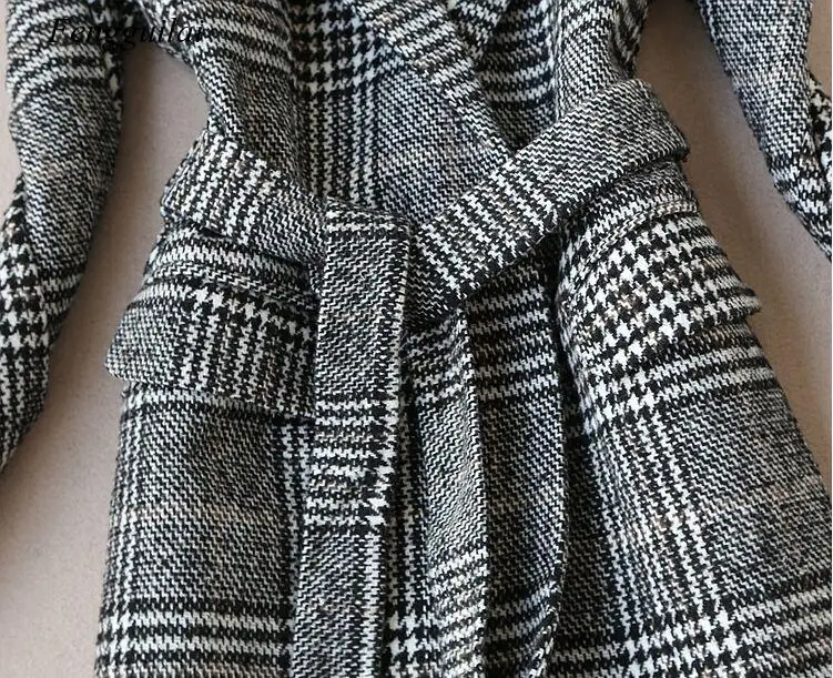 Autumn Winter New Fashion Women Grey Plaid Notched High Waist Lace-up Slim Covered Button Medium Long Woolen Coat Outwear 
Autumn Winter New Fashion Women Grey Plaid Notched High Waist Lace-up Slim Covered Button Medium Long Woolen Coat Outwear