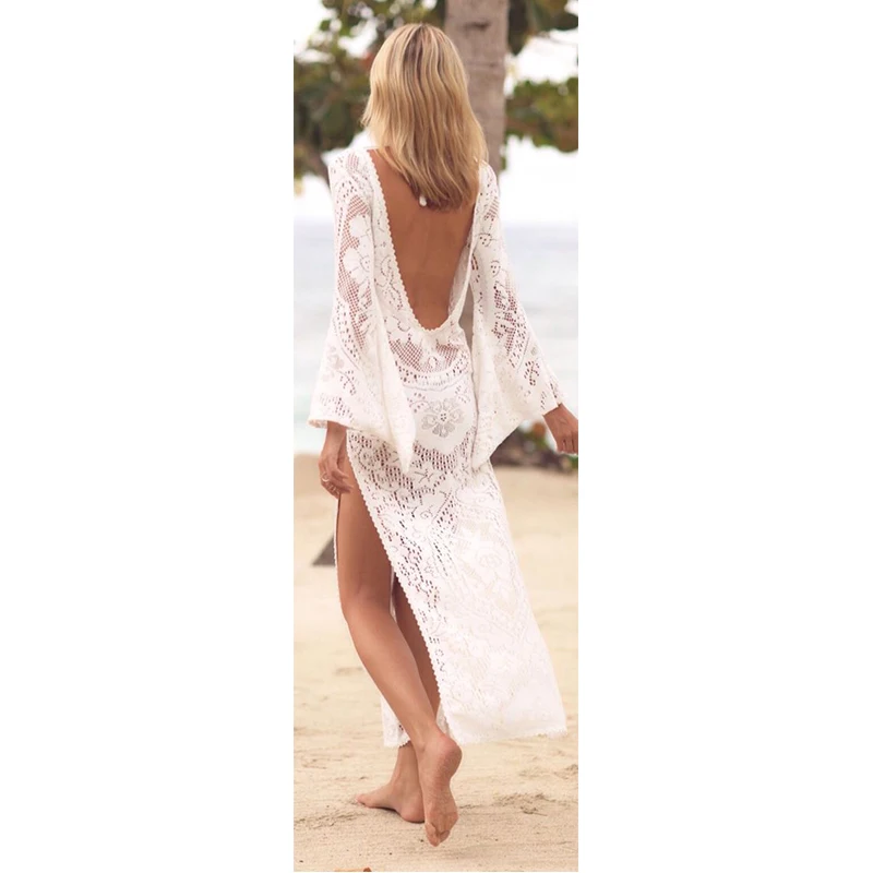 Hot summer women's white sexy lace round neck long sleeve backless split dress female, beach party
Hot summer women's white sexy lace round neck long sleeve backless split dress female, beach party