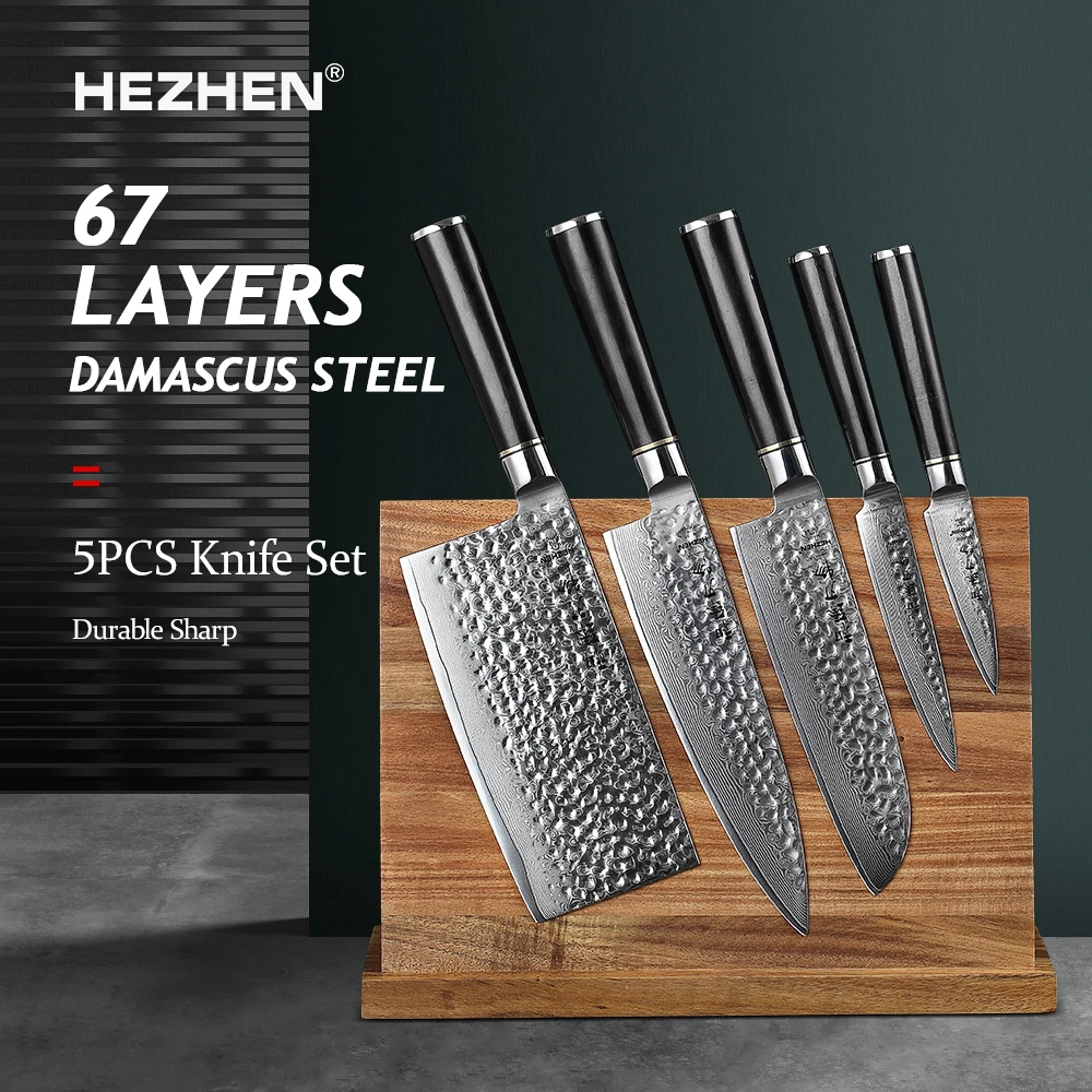 HEZHEN Classic Series 5PC Damascus Steel Kitchen Knife With Magnetic Tool Holder Japanese Chef Santoku Cook Set Food
HEZHEN Classic Series 5PC Damascus Steel Kitchen Knife With Magnetic Tool Holder Japanese Chef Santoku Cook Set Food