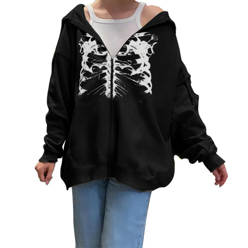 2021 Hip Hop Women Hooded Sweatershirt Skeleton Print Long Sleeve Cardigan with Drawstring Pocket Autumn Loose Gothic Tops
2021 Hip Hop Women Hooded Sweatershirt Skeleton Print Long Sleeve Cardigan with Drawstring Pocket Autumn Loose Gothic Tops