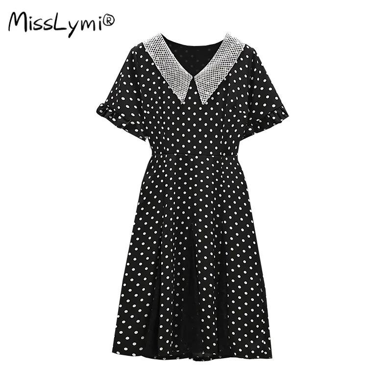 4XL Plus Size Women Polka Dot Dress Summer 2021 Cute Lace Peter Pan Collar Short Sleeve High Waist A-Line Chiffon Dresses Black 
4XL Plus Size Women Polka Dot Dress Summer 2021 Cute Lace Peter Pan Collar Short Sleeve High Waist A-Line Chiffon Dresses Black