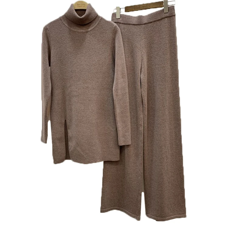2021 spring new knitted suit fashion cashmere high neck slim solid color hem split sweater and wide leg pants 2-piece set
2021 spring new knitted suit fashion cashmere high neck slim solid color hem split sweater and wide leg pants 2-piece set