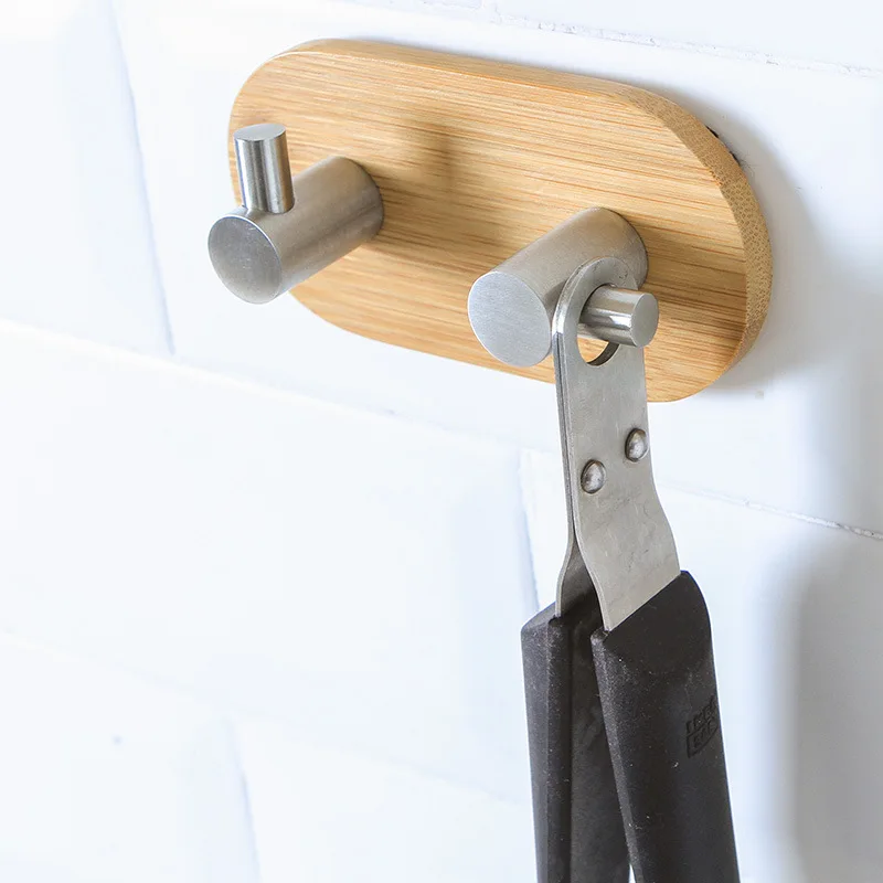 Kitchen Tool Natural Bamboo Stainless Steel Hook Wall Clothes Bag Key Hanger Bathroom Door Towel Rustproof Shelf K1300 E | Дом и сад