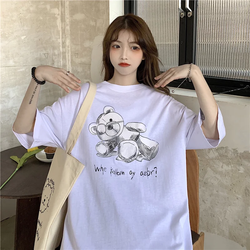 

Summer Korean Version of the New Female Cartoon Bear Print Loose Casual Short-sleeved Female T-shirt Top