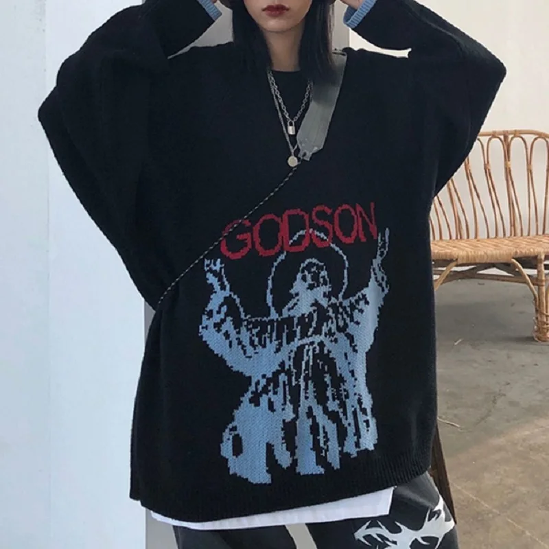 Deeptown Gothic Print Black Sweater Women Harajuku Fashion Oversized Letter Pullover O-neck Long Sleeve Goth Knitted Jumper Tops
Deeptown Gothic Print Black Sweater Women Harajuku Fashion Oversized Letter Pullover O-neck Long Sleeve Goth Knitted Jumper Tops