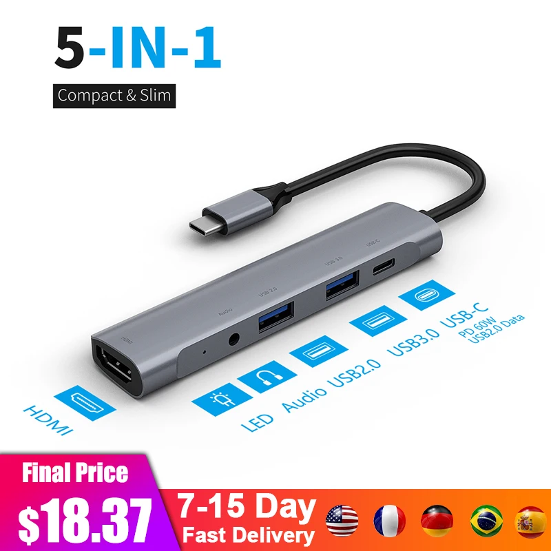 5 in 1 USB C Hub Type C to HdMI 4K USB 3.0 USB2.0 60W PD Fast Charger 3.5mm Audio Jack Dock Station for PC Computer Laptop Phone
5 in 1 USB C Hub Type C to HdMI 4K USB 3.0 USB2.0 60W PD Fast Charger 3.5mm Audio Jack Dock Station for PC Computer Laptop Phone