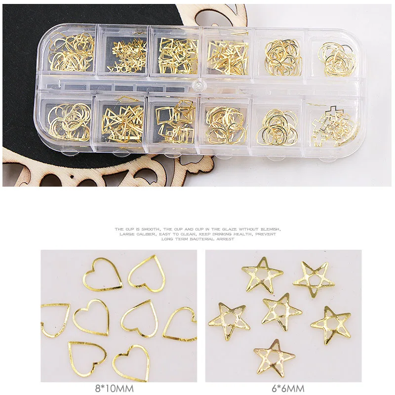1Box 12 Grids Nail Art Gold Metal Charms Frame Hollow Cross Heart Star Different Shapes Nail Rivets Manicure Accessories Decals
1Box 12 Grids Nail Art Gold Metal Charms Frame Hollow Cross Heart Star Different Shapes Nail Rivets Manicure Accessories Decals